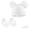 H610-W: White Pom Pom Hat & Bootee Set (0-6m)